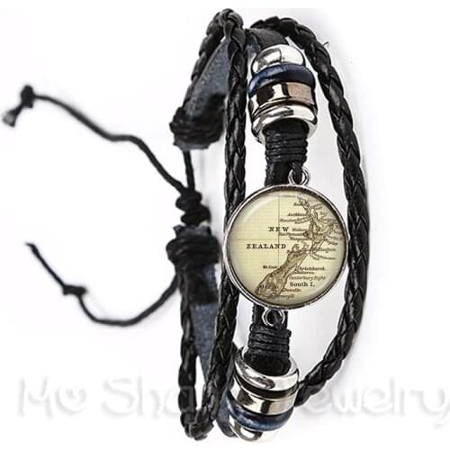 Glass Jewelry Vintage Leather Bracelet Planet Earth World Globe Map Art Glass Dome Bangle Travel Chain Friendship Best Gifts