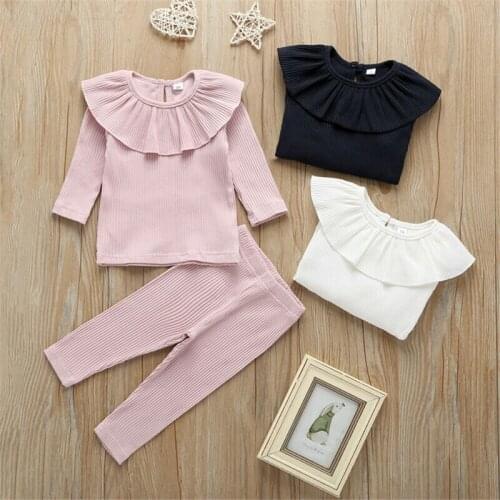 0-3years Toddler Baby Girl Clothes Sets Solid Pink Blue White Knitted Ruffle T-Shirt Tops Girls Leggings Pants Children Outfits