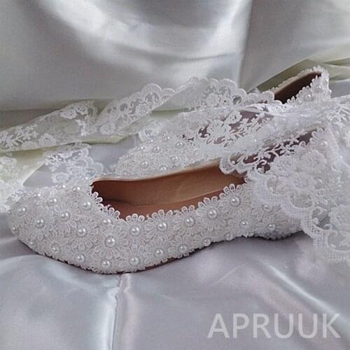 2CM low wedges tiny heel plus sizes white lace pearls wedding shoe bride fashion designer handmade high quality party pumps
