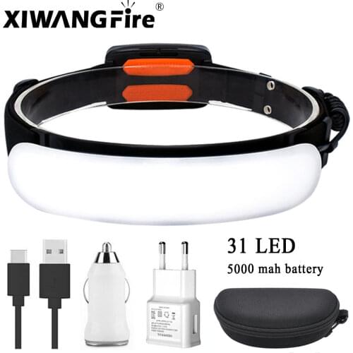 Ultra Wide Angle COB Headlamp 31PCS LED Portable Headlight with Built-in 5000Mah Battery Flashlight USB Rechargeable Head Torch