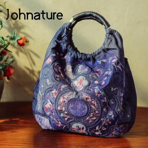 Johnature Retro Denim Linen Women Bag 2021 New Exquisite Embroidery Original Luxury Handbags Women Bags Designer Handbag