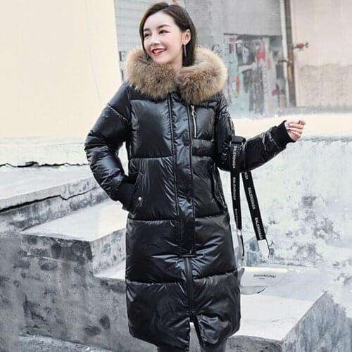 Fad Winter X-long Shiny Solid Womens Parkas Plus Size With Fur Collar Hooded Thick Korean Style Puffer Coats And Jackets Women