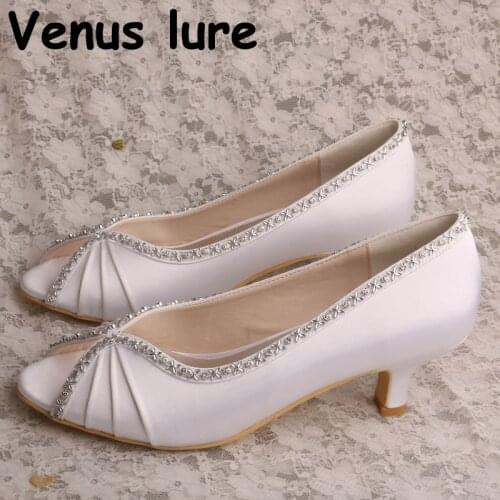 Ladies Peep Toe Shoes for Bride White Wedge Court Wedding Small Heel