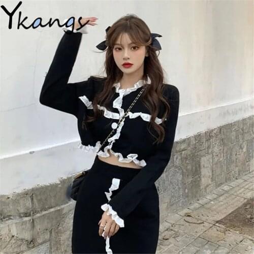 Korean Style Two Piece Set Black High Waist A-Line Mini Skirt+Ruffles Long Sleeve Vintage Elegant crop Tops WomenS Streetwear