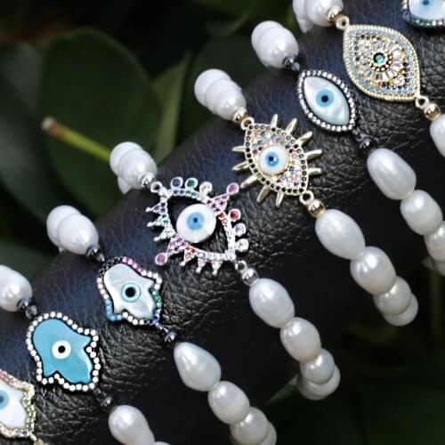 1pcs 5pcs Natural Pure Freshwater Pearl Evil Eye Series Plastic Elastic Rope Beaded CZ Connector Charm Unisex Bracelet Bangle