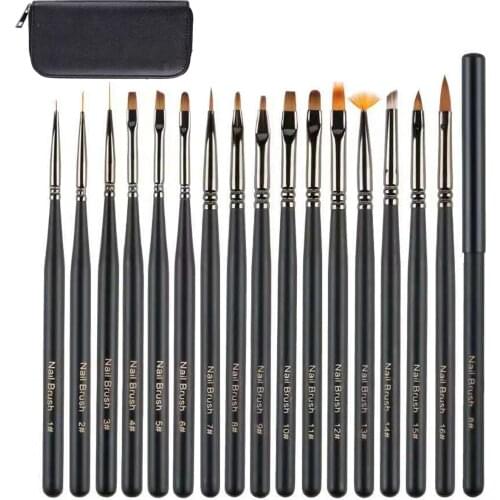 UsiDaer 16 Pcs Nail Art Brush, Painting Drawing Carving Dotting Pen Builder Flat Fan Liner Acrylic Gel UV Polish Tool