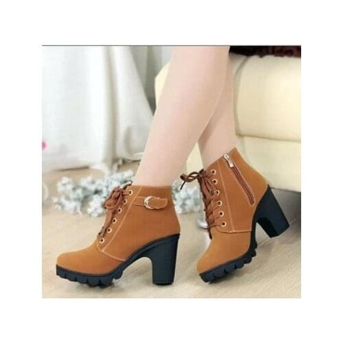 4COLOES NEW Autumn Winter Thick Heels High Quality Solid Lace-up PU Fashion Womens Boots Thick Heels and Martins Boots 35-41