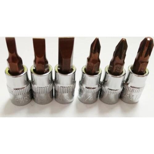 6pcs/set 1/4" 6.3mm Slotted&Pozidriv Screwdriver Bits Drive Socket Head Screwdriver Set Socket Joint CR-V Material Hand Tool Set
