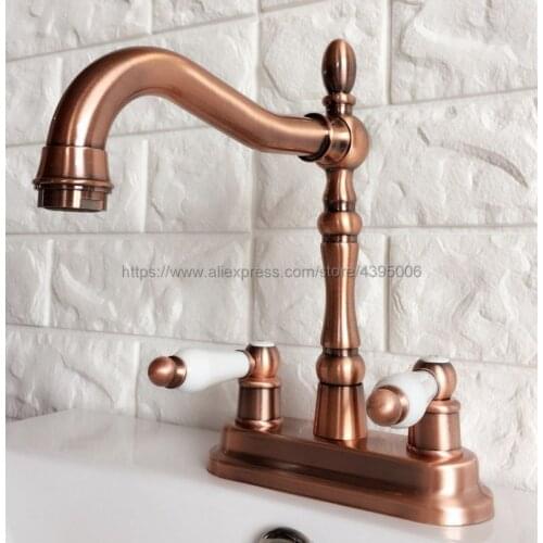 Antique Red Copper Basin Faucets 2 Hole Bathroom Faucet Double Handle Mixer Tap Bath Water Kitchen Faucet Brg049