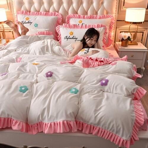 White pink plum coral velvet soft and comfortable four-piece household duvet cover