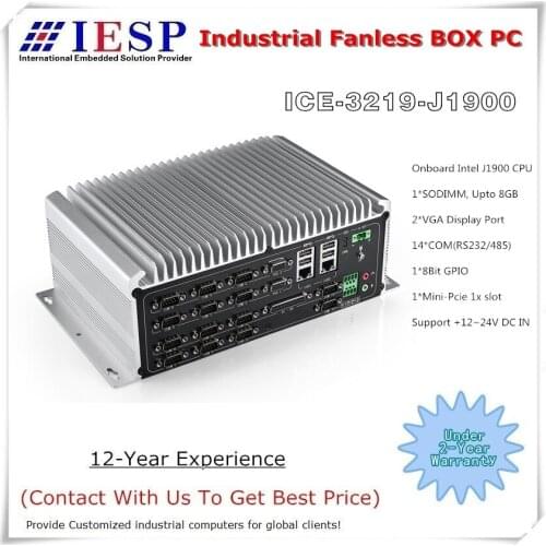 Fanless Industrial Box PC, J1900 CPU, 14 * COM, 2 * I210 GLAN, Rugged Computer