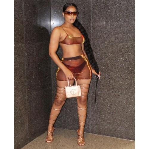 BKLD Glitter Mesh Clothing Women Summer Sexy See-through Two Piece Crop Tops And Bodycon Mini Skirt Matching Sets Co-ord Outfits