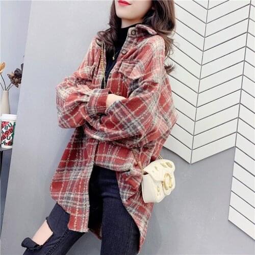 Blouse Women Shirt Plaid Woolen Shirt Coat Womens Spring Long Sleeve Plush Blusas Mujer De Moda