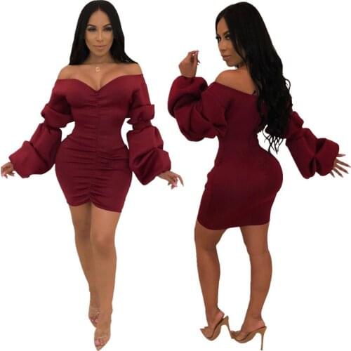 Burgundy Women Long sleeve bodycon dress Slash Neck Blue Black tube Sexy Dresses Party clothes