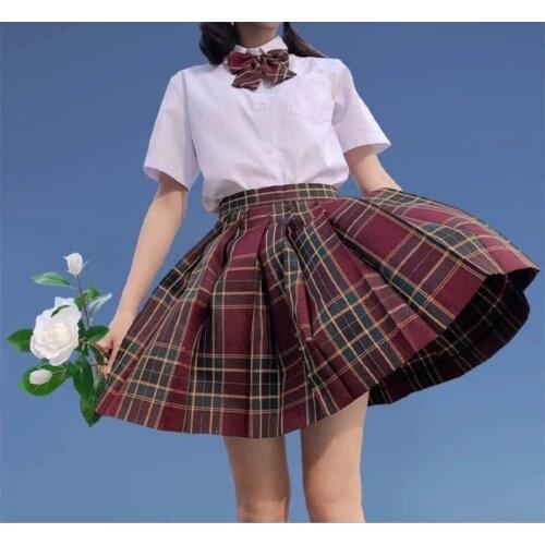 [Hawthorn] JK School Uniform Summer Red Plaid Skirts For Girls Short/Long High Waist Pleated Skirts Women Dress Students Clothes