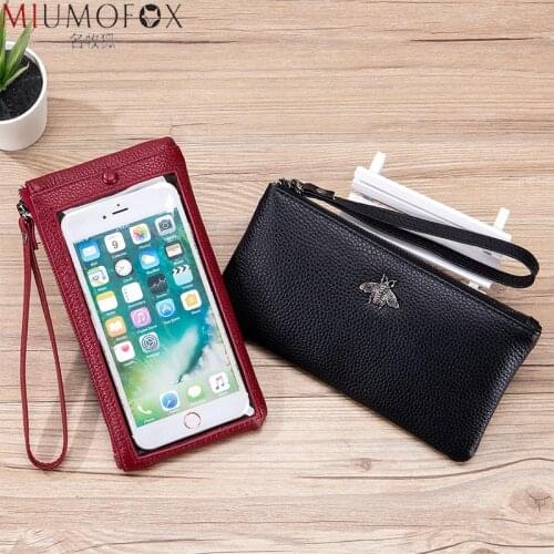 Genuine Leather Wallet Women Mini Handbag Purse Transparent Touch Screen Phone Holder Zipper Clutch Bags Small Wristlet Wallets