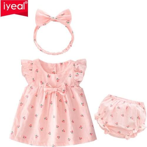 IYEAL Summer Baby Girl Dress Cotton Print Pattern Infant Girl Dresses + Briefs Shorts +Headband Toddler Baby Girl Clothes Set