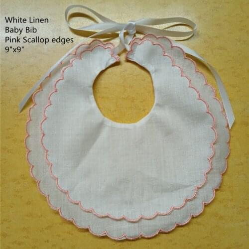 Set of 12 Fashion White Linen Double Scalloped Baby Bib 9"x9"inch dressy bib Hankies perfect for any special occasion