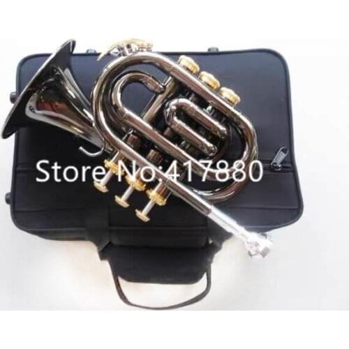 Mini Pocket Trumpet Bb Flat Black nickel Wind instrument with Mouthpiece Case Free Shipping