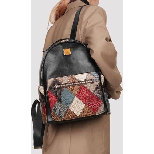Contrasting Color leather Backpack 2021 New Trendy fashion backpack soft leather large capacity wild ethnic style shoulder bag