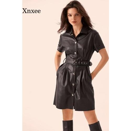 Pu Leather Mini Dress Belt Ladies Short Sleeve Women Sashes Turn Down Collar Elegant Dresses New Fashion Bodycon Vintage Clothes