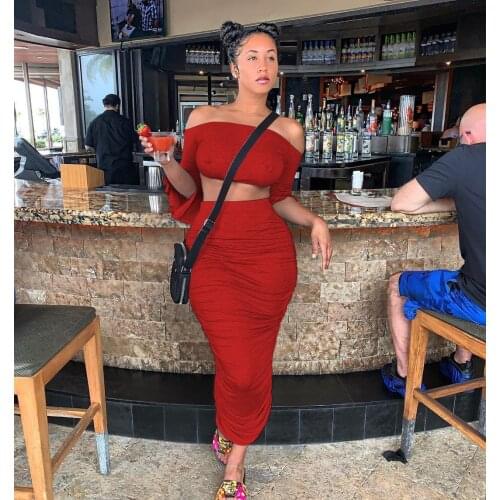 Casual Solid Lace Up Dress Set 2 Piece Outfit Sexy Off the Shoulder Flare Sleeve Backless Top Ruched Long Skirts Slim Streetwear