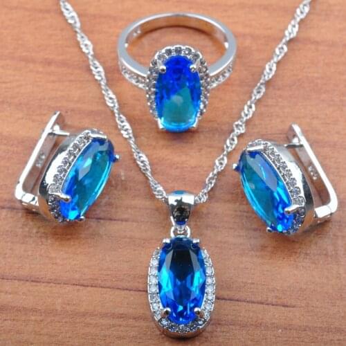 Shining Sky Blue Zirconia Silver Color Jewelry Sets For Women Wedding Pendant Earrings Ring Necklace Set 2020 New JS0168
