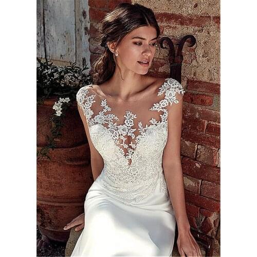 Modest Soft Satin Bateau Neckline Mermaid Wedding Dresses With Lace Appliques Sheer Bridal Dress Illusion Back