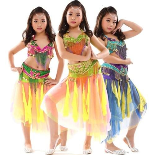 Stage Performance Children Dance Clothes Beaded Outfits Belly Dance Costume Bra Belt Skirt Competition #868