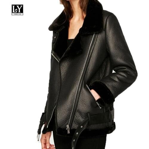 Ly Varey Lin New Winter Women Faux Sheepskin Coats Thicken Faux Leather Lambs Wool Fur Jacket Black Motorcycle Female Outwear