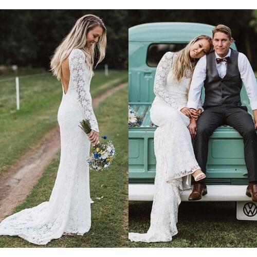 Sexy Mermaid Wedding Dresses Backlesses Long Sleeves Country Wedding Gowns Sweep Train Lace Bridal Gowns 2020 Vestidos de Novia