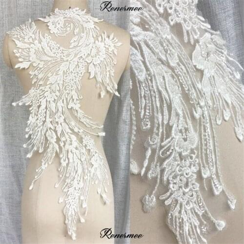 1Pc Ivory Big size 3D Beaded Embroidery Feather Lace Flower Patch Wedding Evening Dress Veil Headdress Decorative Material 41X67