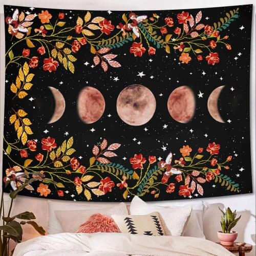 2021 Hawkalice Hippie Moonlit Garden Tapestry Moon Phase Surrounded By Vines And Flowers Black Wall Decor Tapestry 90×59 Inches