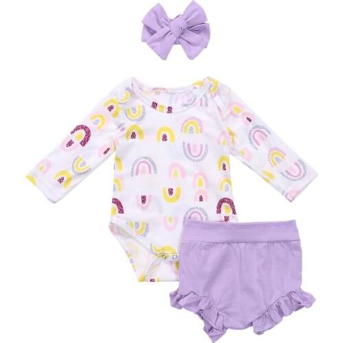 Infant Newborn Baby Girls 3Pcs Outfit Spring Autumn Clothes Long Sleeve Rainbow Bodysuits High Waist Short Bottoms Headband