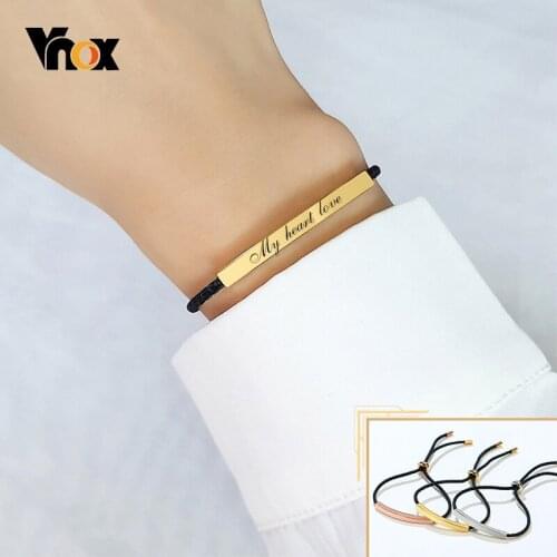 Vnox Minimalist Personalized Engrave Thin Bar Bracelets for Women, Casual Rope Chain Length Adjustable Wristband,Custom Gifts