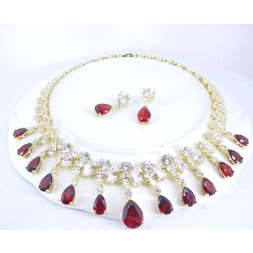 2021 Hot sale New fashion red water drop golden necklace earring set wedding party birthday banquet jewelry set free shipping