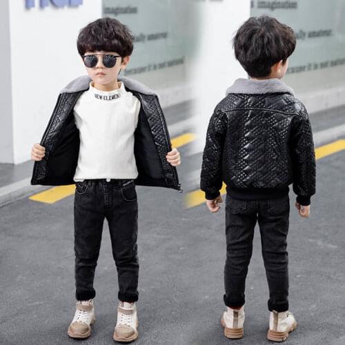 4-12T Boys Leather PU Jackets Wool Plus Velvet Warm Turn Collar Black Leather Coat 2021 New Boys Winter Clothes High Quality