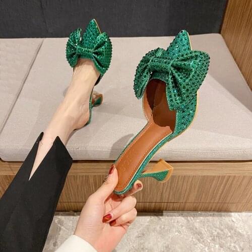 9cm Heeled Green Heels Summer 2021 Female Shoes Woman Rhinestone Bow-Knot High Heel Slippers Luxury Pumps Women Shoes
