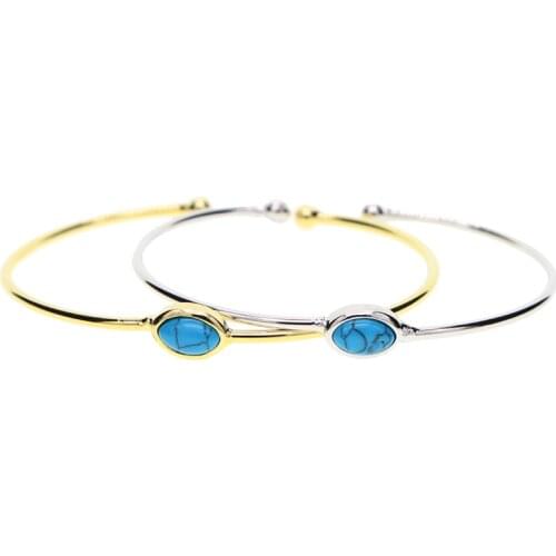 Top sale gold/sliver color dichromatism bangle blue oval stone Open Cuff Adjustable bracelet for women girls Jewellery