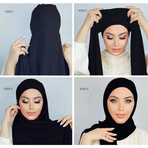 2021 new underscarf custom plain instant chiffon hijab with inner jersey bonnet caps headscarf long satin lining cap shawl scarf