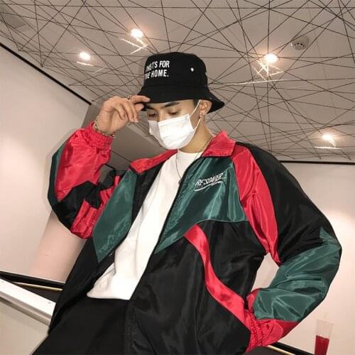 Men Hip Hop Jacket Oversized Jacket Spring Coat Harajuku Retro Windbreaker Streetwear Vintag Color Block Patchwork Jacket e