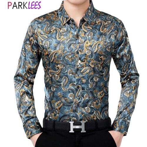 Mens Paisley Satin Luxury Dress Shirts 2020 Silk Like Smooth Men Tuxedo Shirt Slim Fit Male Wedding Social Shirt Chemise Homme