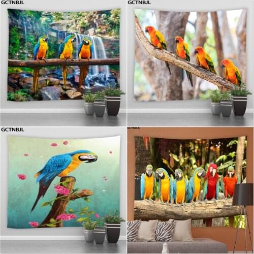 Parrot Pattern Tapestry Wall Hanging Colorful Bird Ocean Beach Sea Palm Tree Waterfall Scenery Living Room Backdrop Home Decor