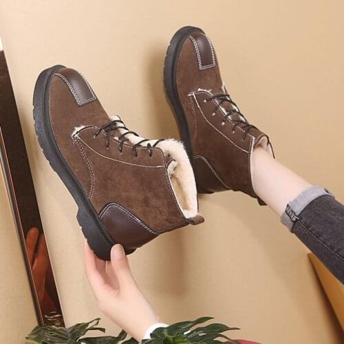 New Winter Snow Boots Womens Cotton Shoes Flat Velvet Ankle Boots Womens Non-Slip Womens Boots Lace-up Cotton Boots