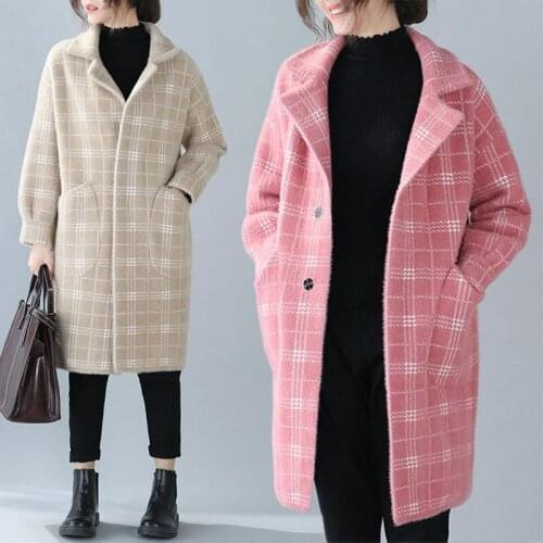 Plus Size Coat Female Fashion Slimming Plaid Washed Woolen Jacket Autumn Winter Women Single Breasted Knitted Cardigan Y1345
