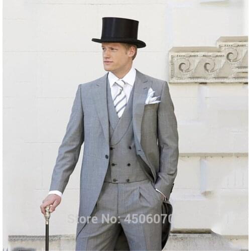 Gray Itanlian Tailcoat Mens Morning Suits 2019 Slim Fit Wedding Tuxedos Groom Wear 3Pcs Formal Prom Suits Costume Homme Blazer