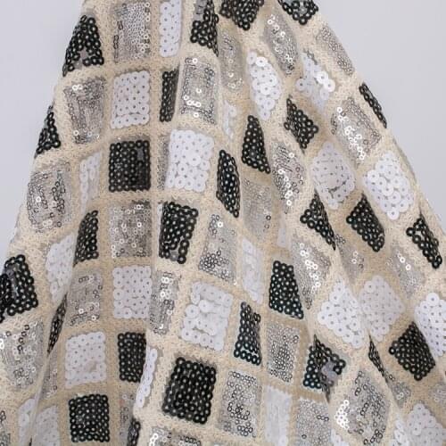 120D Sequin Embroidery Geometric Mesh Fabric Women Party Wedding Dress Designer Material Square Sequins Fabric 90x130cm