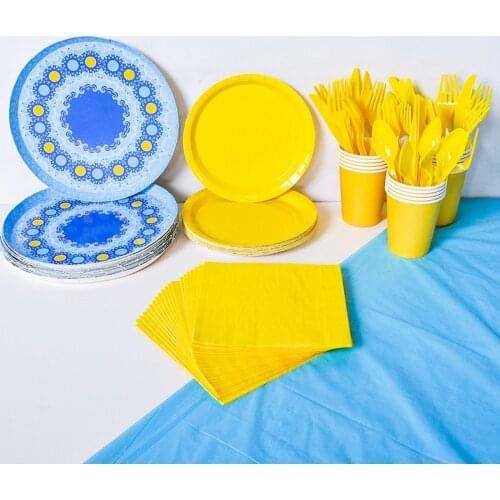 Blue and white porcelain theme party desktop dressing supplies round paper plate paper cup tableware set disposable tableware