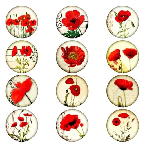 50PCS Mixed Glass Snap Button Jewelry Red Fower For DIY 18MM Button Snap Bracelet Necklace Jewelry