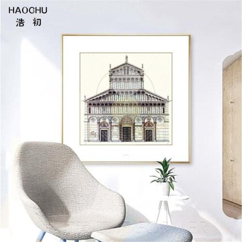 HAOCHU Modern Amanican Style Roma Geometries building Watercolor Canvas Wall Paintings Home Living Room School Cafe Bar Decor